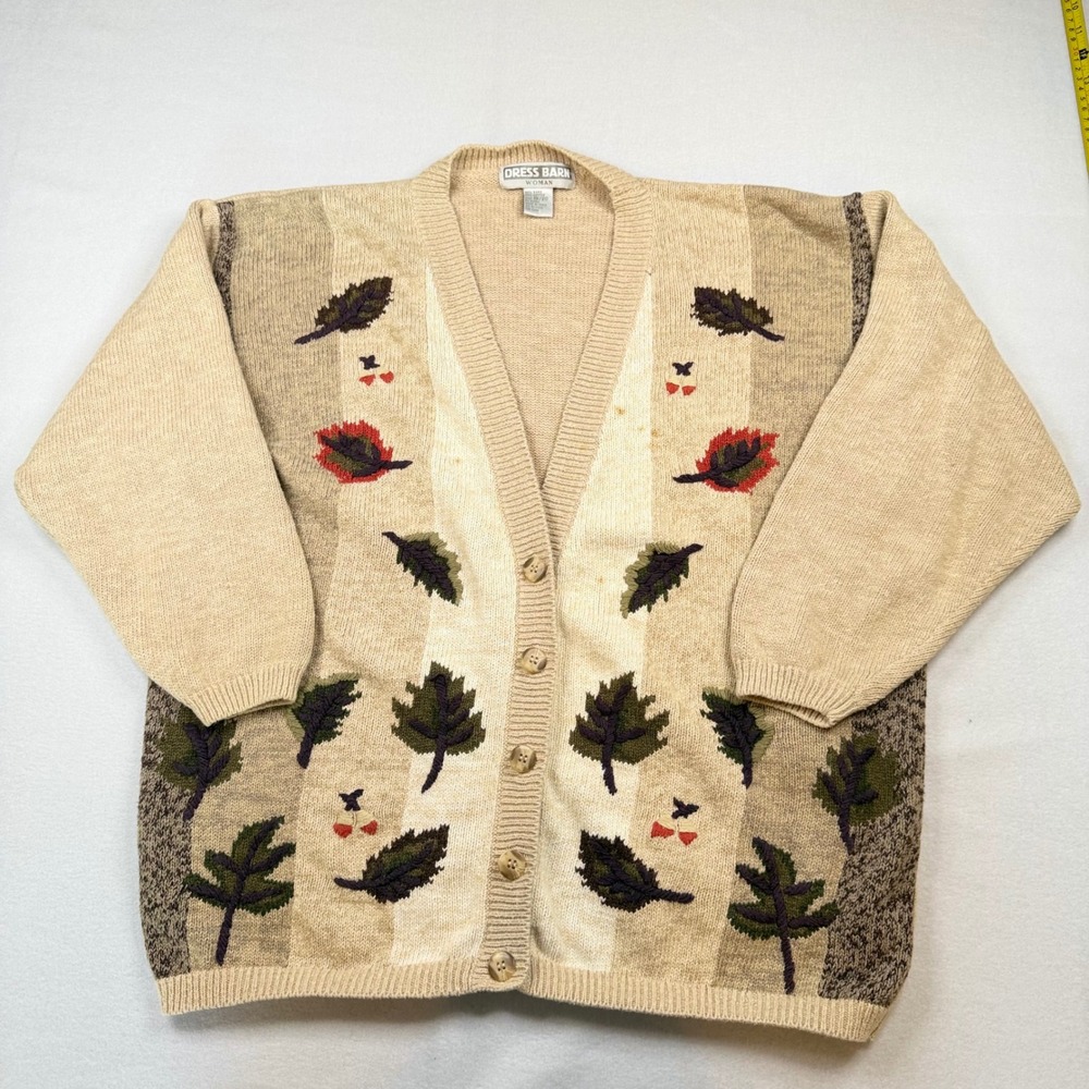 Dress Barn Woman Vintage Leaf Knit Cardigan Sweater Tan Beige Size 18/20